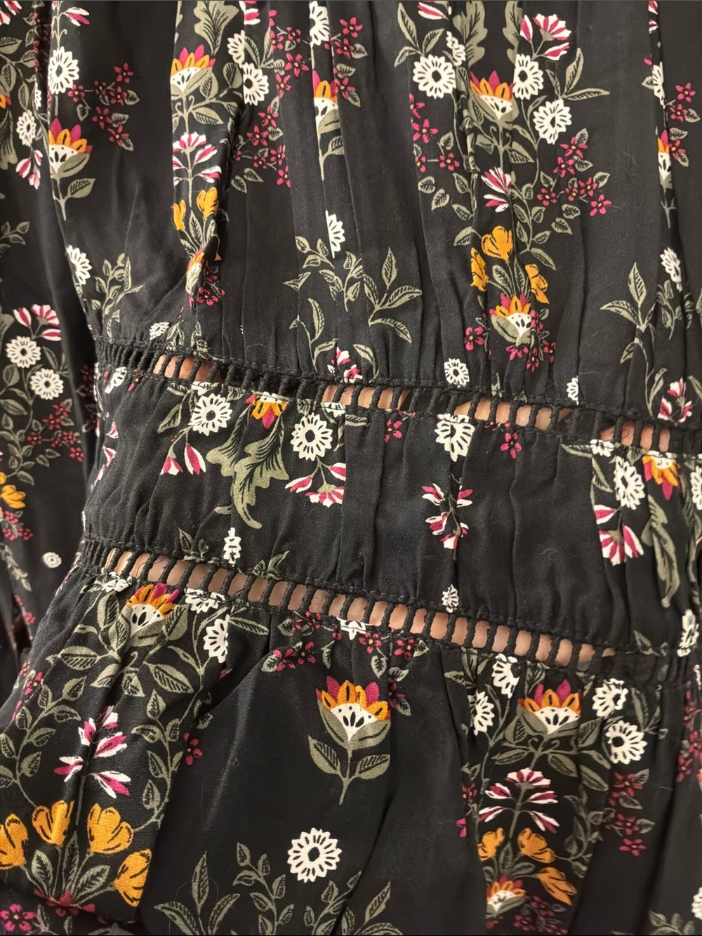Old Navy Black Floral Long-Sleeve Smocked-Peplum Blouse